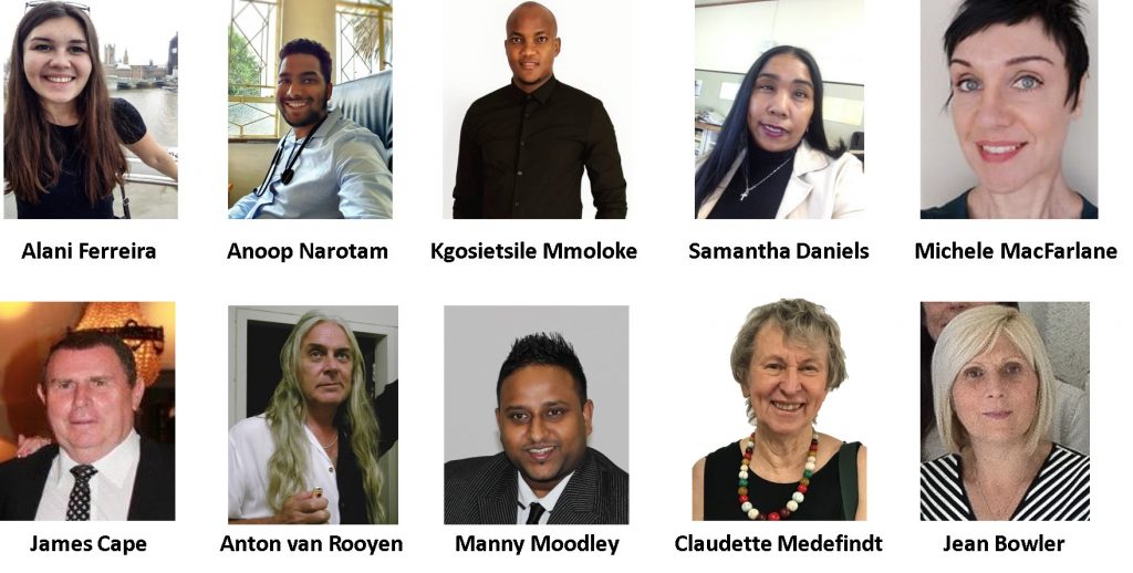 Mangement Committee - From top Left - Alani Ferreira, Anoop Narotam, Kgosietsile Mmoloke, Samantha Daniels, Michele MacFarlane. Bottom Left - James Cape (Chairman), Anton van Rooyen (Vice Chairman), Manny Moodley, Claudette Medefindt, Jean Bowler