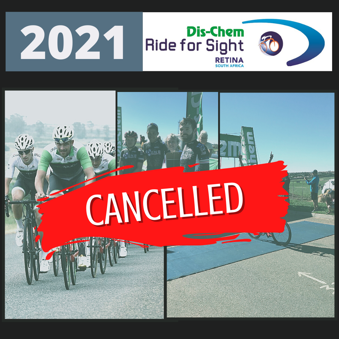 Picture of Cyclists in the Dischem Ride for Sight and the word cancelled across the picture